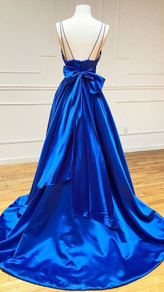 A-line Satin V Neck Royal Blue Prom Dresses Evening Dresses Y1163 Main Image