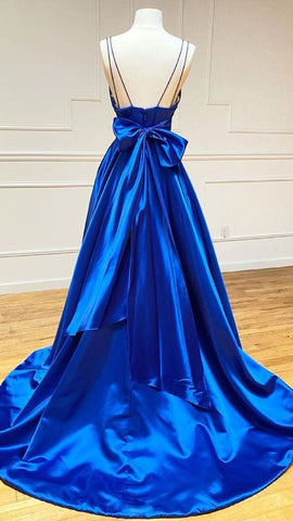 A-line Satin V Neck Royal Blue Prom Dresses Evening Dresses Y1163