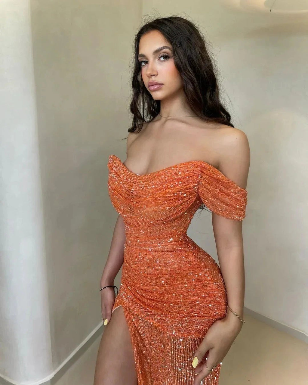 Off The Shoulder Sequined Orange Prom Dress with Sultry High Slit by BIZTUNNEL