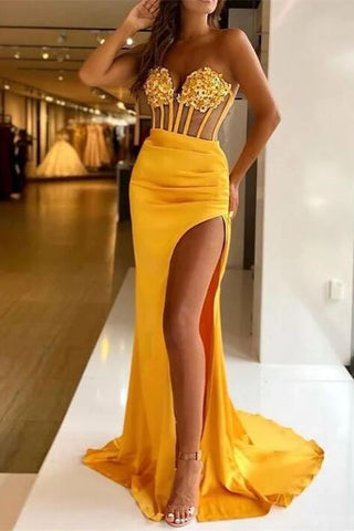 Strapless Long Mermaid Satin Sequins Prom Dress With Split Front