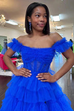 Adalynn | Royal Blue Off the Shoulder Ruffle Tiered Tulle Long Prom Dresses with Slit by KissProm