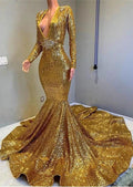 Gold Long Sequined V-Neck Bakless Mermaid Prom Dress With Sleeves by BIZTUNNEL