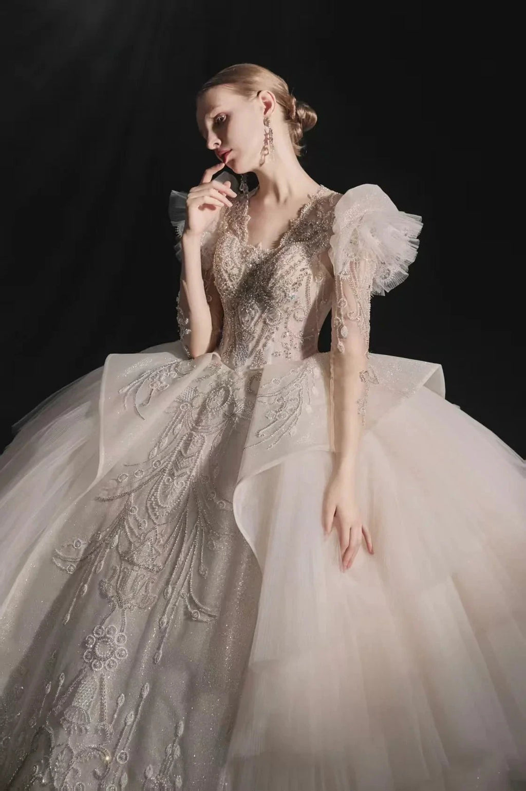 Glamorous V-Neck Ball Gown Long Lace Sleeve Beaded Embroidery Wedding Dress with Ruffled Train E315 by ZAPDRESS