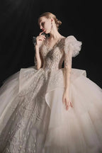 Glamorous V-Neck Ball Gown Long Lace Sleeve Beaded Embroidery Wedding Dress with Ruffled Train E315 by ZAPDRESS