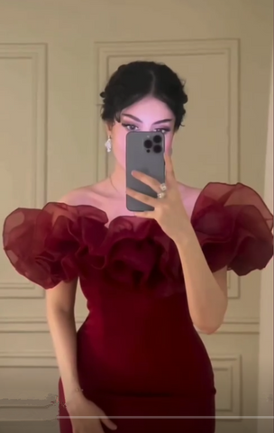 Burgunderrotes schulterfreies Abendkleid, langes Party-Ballkleid, Y7670