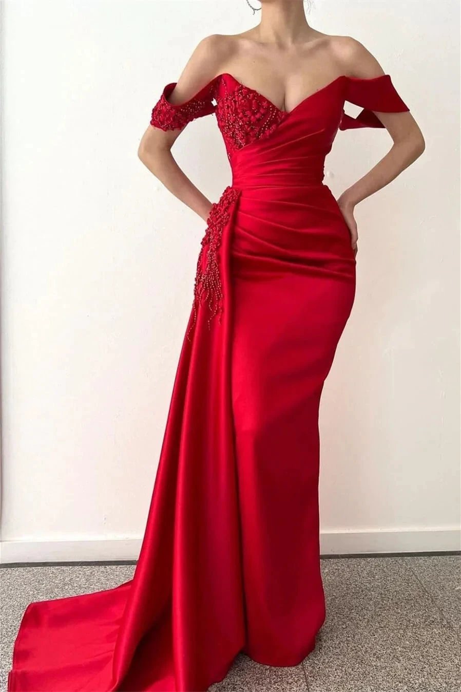 Ravishing Red Mermaid Prom Gown with Beaded Details and Flirty Off-Shoulder Style by BIZTUNNEL
