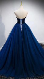Strapless Blue A-line Prom Dress Elegant Evening Gown Y839