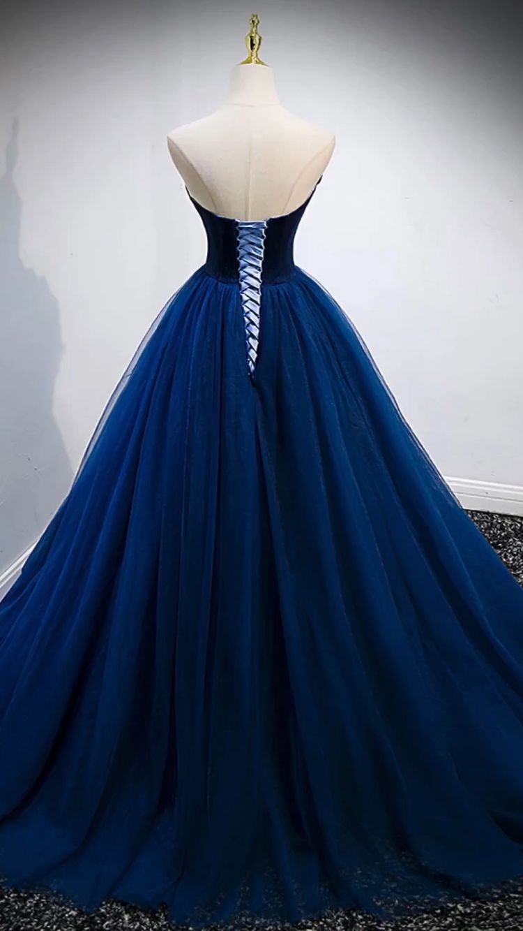 Strapless Blue A-line Prom Dress Elegant Evening Gown Y839