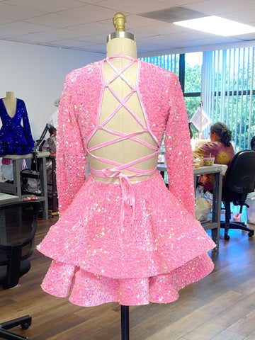 Rosa Cocktailkleider Damen A-Linie V-Ausschnitt Langarm Homecoming Kleid Y788