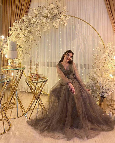 A-line V-neck Tulle Illusion Evening Dress Sheer Long Sleeves Evening Gown Y1204