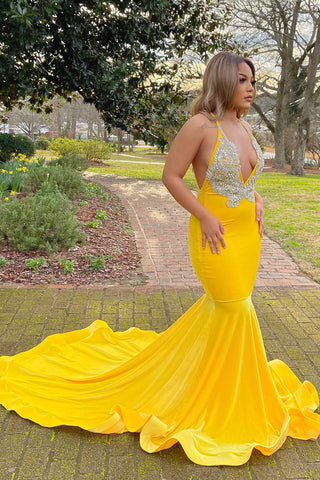 Long Mermaid V-neck Yellow Prom Dress With Applique