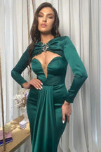V Neck Prom Dress in Emerald Green with Long Sleeves by BIZTUNNEL