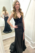 Black V Neck Satin Mermaid Long Prom Dresses with Slit by Kissprom