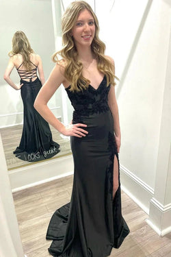 Black V Neck Satin Mermaid Long Prom Dresses with Slit by Kissprom