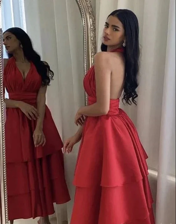 Charming Halter V Neck Evening Gown A Line Tiered Satin Prom Dress Y7660 by simplepromdress