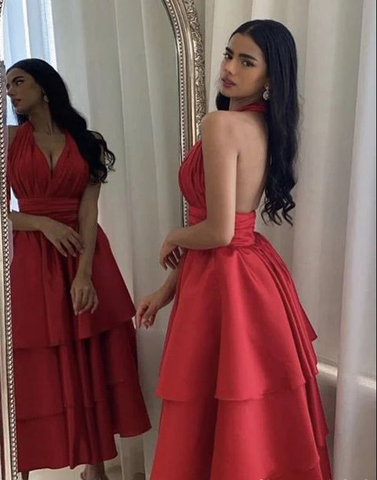 Vestido de noche con escote halter en V y corte en A, de satén escalonado, Y7660