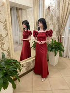 Elegant Red Puff Sleeves Satin Ball Gown Long Prom Evening Dress Y7603 by simplepromdress