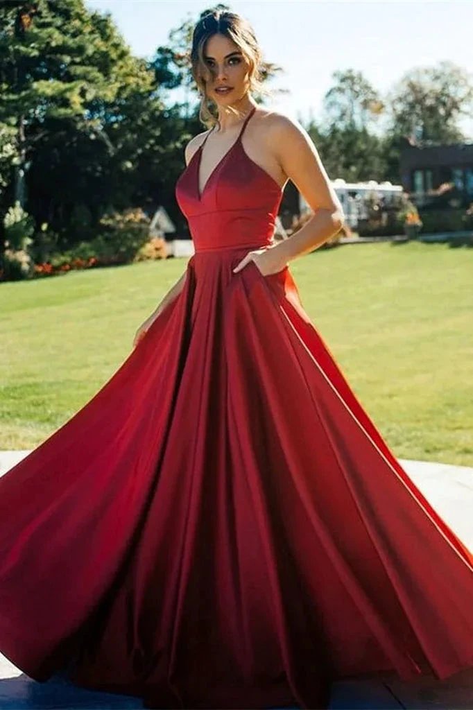 Burgundy Long A-line V-Neck Satin Evening Prom Dress With Pockets by BIZTUNNEL