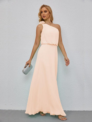 Ruffled One Shoulder Sleeveless Long Bridesmaid Dresses A-line Formal Evening Gown Side Split 28080