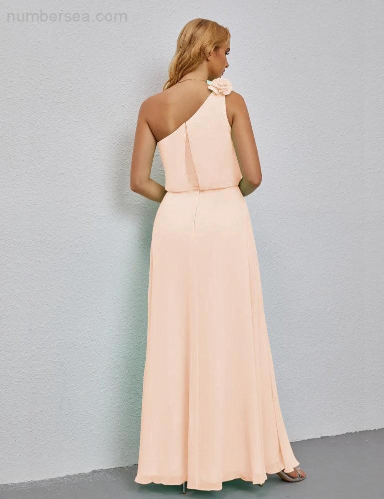 Ruffled One Shoulder Sleeveless Long Bridesmaid Dresses A-line Formal Evening Gown Side Split 28080 by numbersea