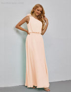 Ruffled One Shoulder Sleeveless Long Bridesmaid Dresses A-line Formal Evening Gown Side Split 28080 by numbersea