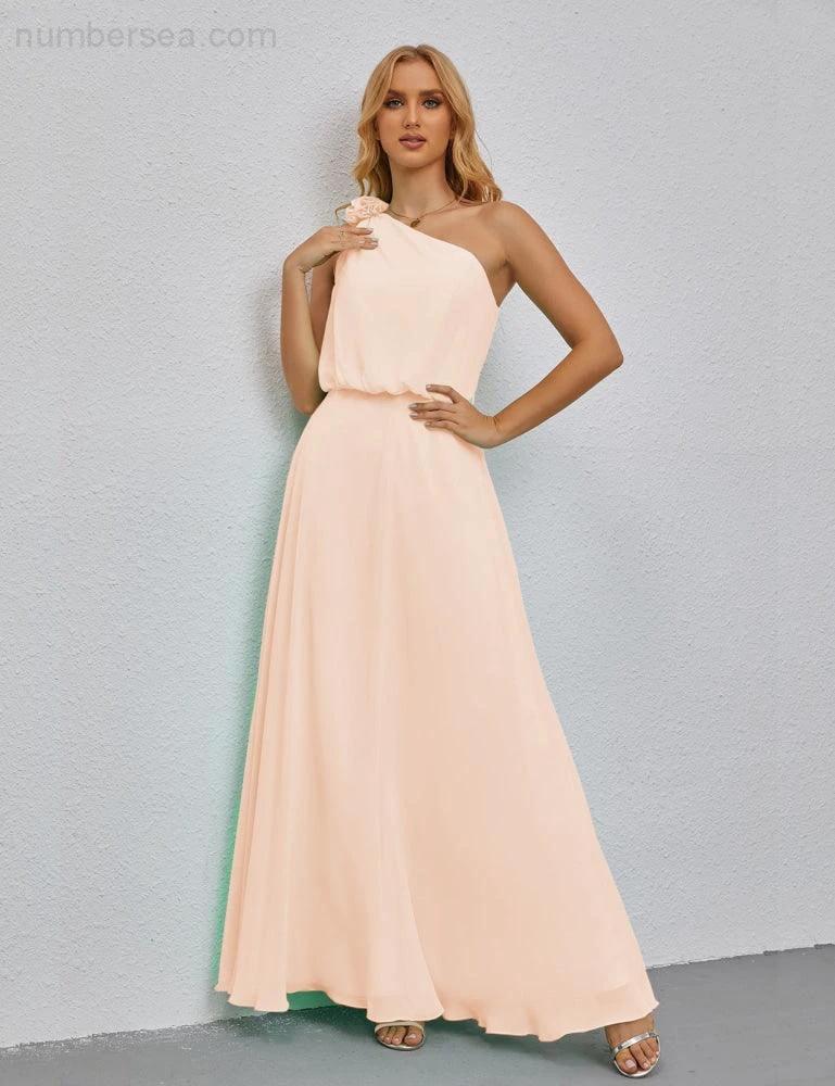 Ruffled One Shoulder Sleeveless Long Bridesmaid Dresses A-line Formal Evening Gown Side Split 28080 by numbersea