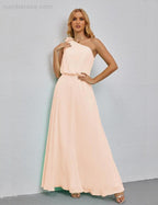 Ruffled One Shoulder Sleeveless Long Bridesmaid Dresses A-line Formal Evening Gown Side Split 28080 by numbersea