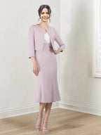 Sheath/Column V-Neck Tea-Length Mother of the Bride Dresses by Dreamylily