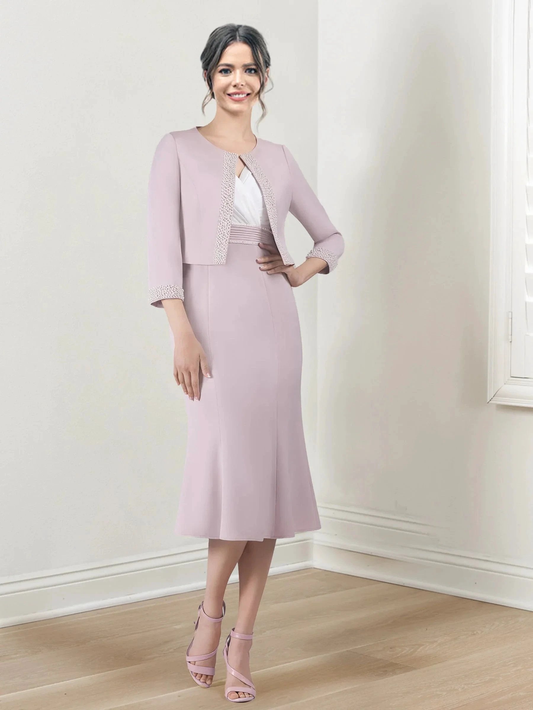 Sheath/Column V-Neck Tea-Length Mother of the Bride Dresses by Dreamylily