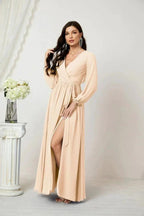 Sunnderly Evening Dresses Deep V-Neck Chiffon Bridesmaid Dresses Long Bishop Sleeve Side Split Formal Dress SY2806 by numbersea
