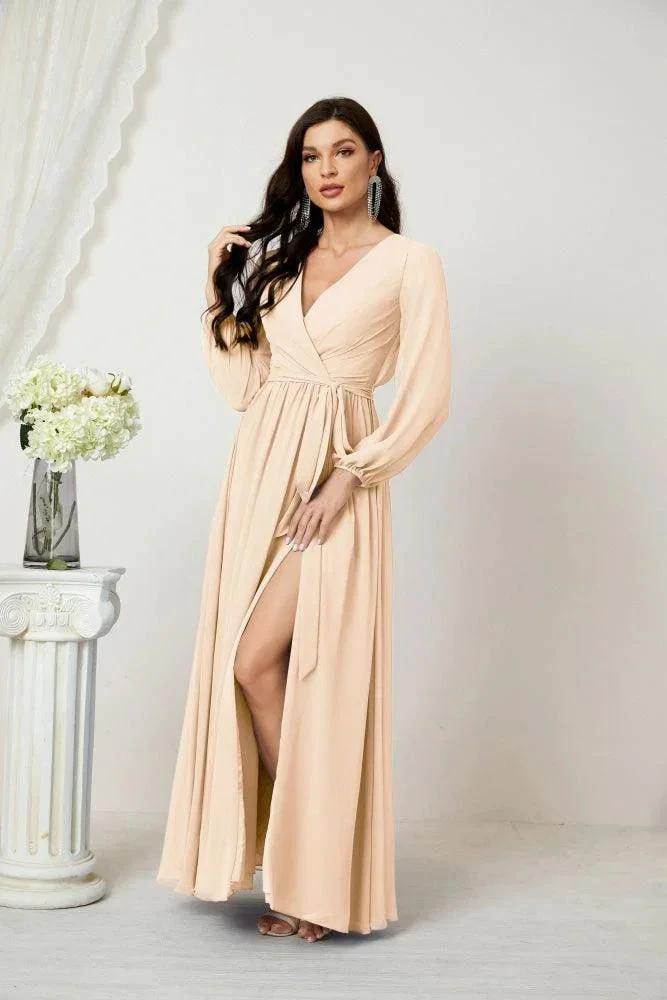 Sunnderly Evening Dresses Deep V-Neck Chiffon Bridesmaid Dresses Long Bishop Sleeve Side Split Formal Dress SY2806 by numbersea