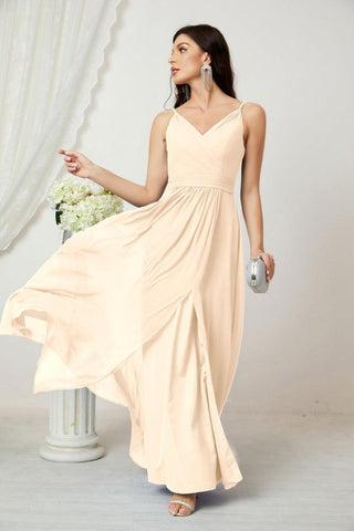 Numbersea Chiffon V-Neck Bridesmaid Dress Spaghetti Strap Long Formal Party Prom Gowns with Slit 28010