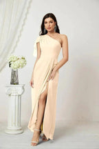 Numbersea Chiffon Ruffled One Shoulder Long Bridesmaid Dresses A-line Formal Evening Gown Side Split 2809 by numbersea