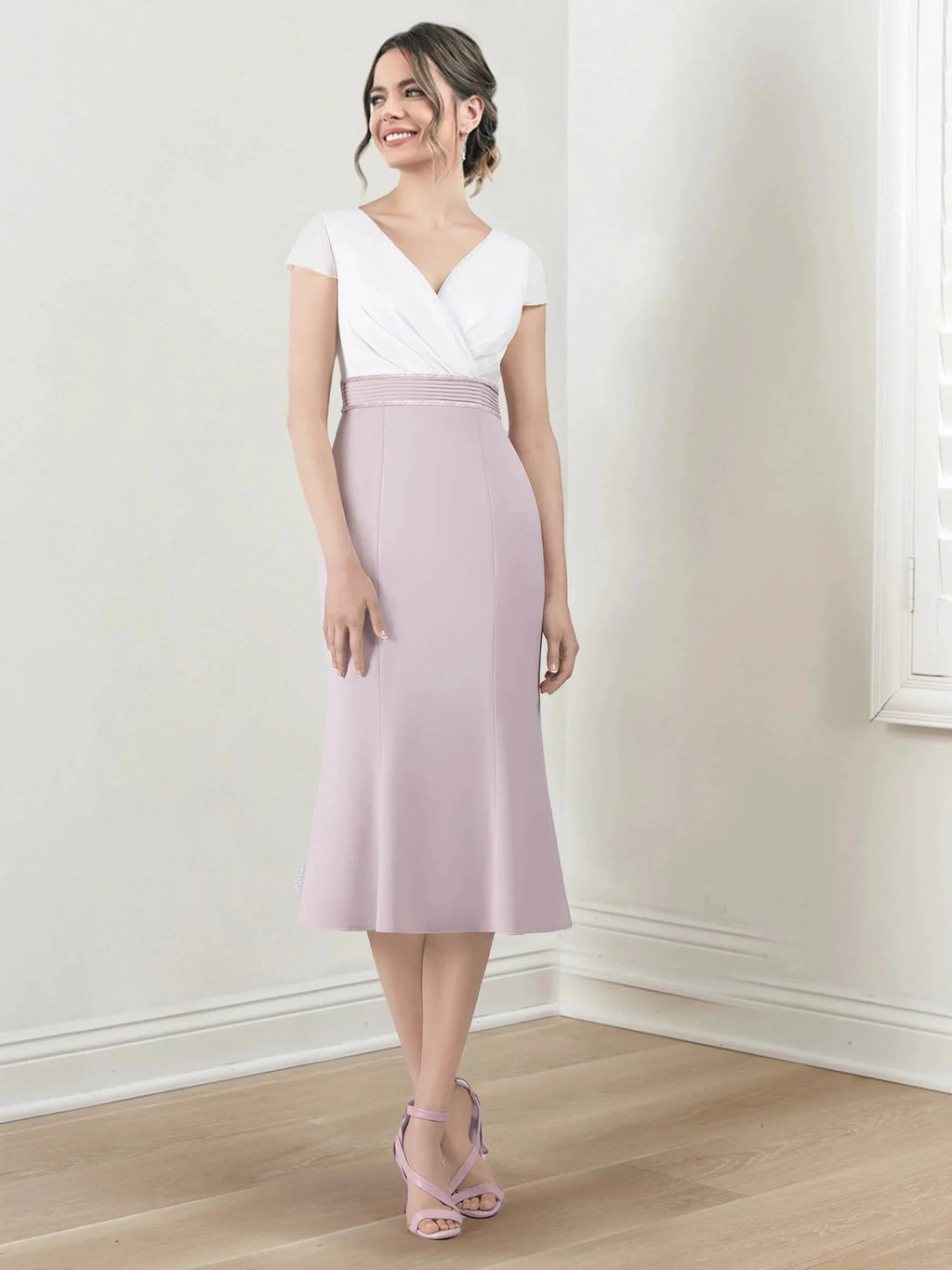 Sheath/Column V-Neck Tea-Length Mother of the Bride Dresses by Dreamylily