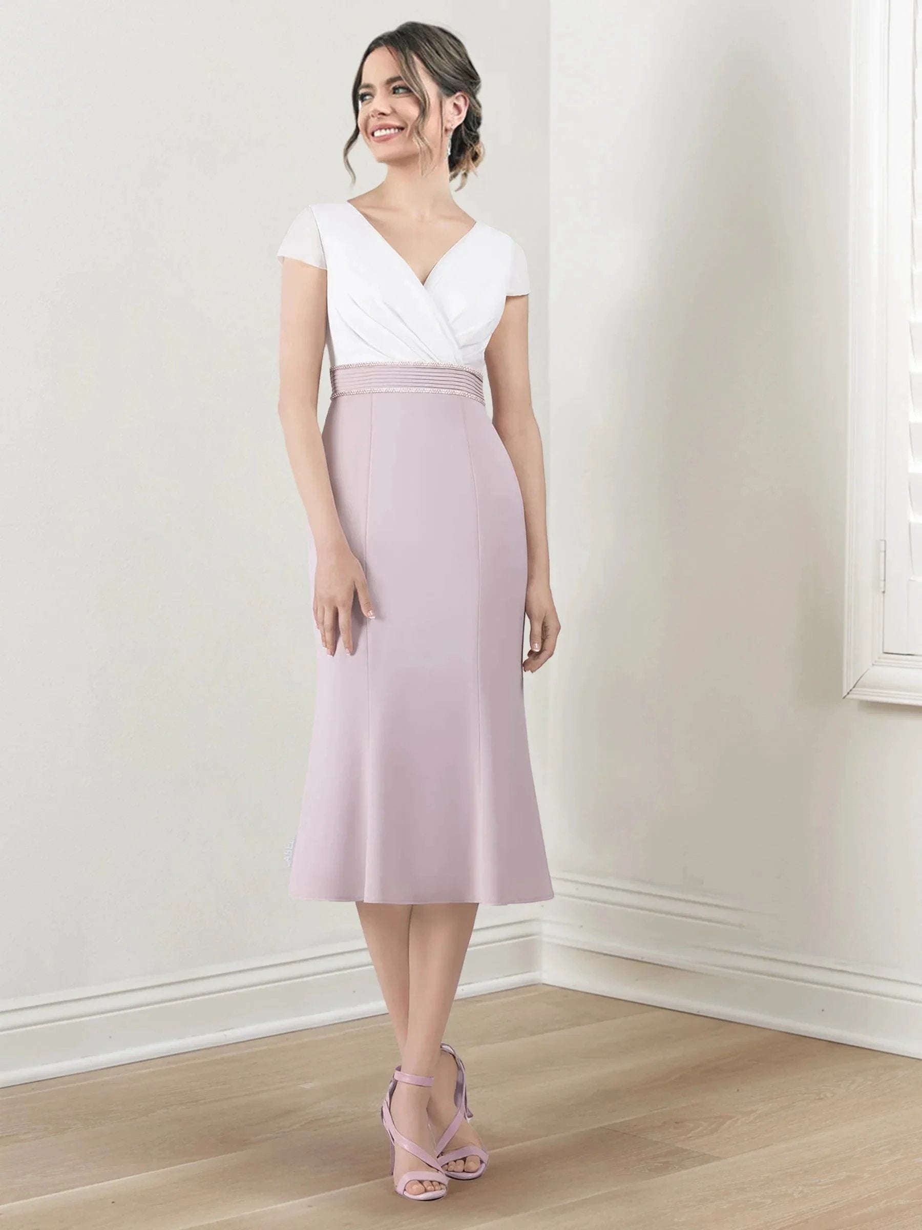 Sheath/Column V-Neck Tea-Length Mother of the Bride Dresses by Dreamylily
