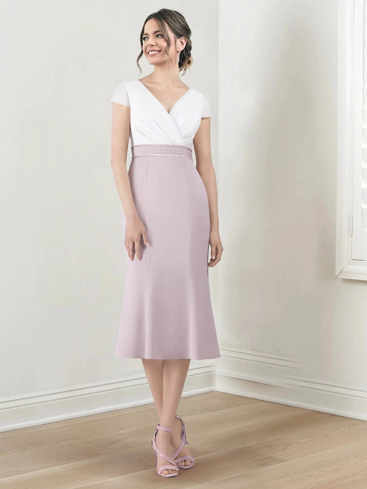 Sheath/Column V-Neck Tea-Length Mother of the Bride Dresses by Dreamylily