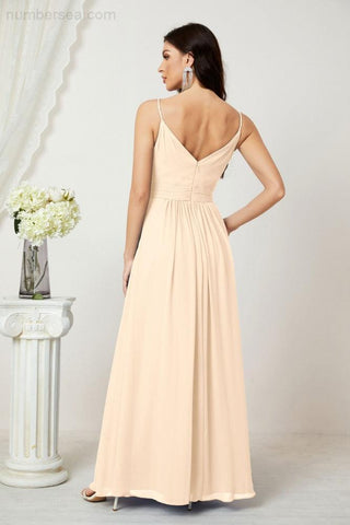 Numbersea Chiffon V-Neck Bridesmaid Dress Spaghetti Strap Long Formal Party Prom Gowns with Slit 28010