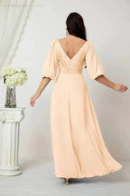 Numbersea Formal Prom Gown Women V-Neck Chiffon Bridesmaid Dresses Long Bishop Sleeve Party Dress 2807 by numbersea
