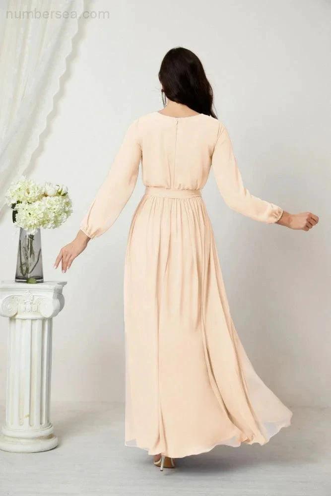 Sunnderly Evening Dresses Deep V-Neck Chiffon Bridesmaid Dresses Long Bishop Sleeve Side Split Formal Dress SY2806 by numbersea