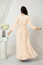 Sunnderly Evening Dresses Deep V-Neck Chiffon Bridesmaid Dresses Long Bishop Sleeve Side Split Formal Dress SY2806 by numbersea