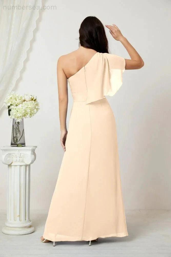 Numbersea Chiffon Ruffled One Shoulder Long Bridesmaid Dresses A-line Formal Evening Gown Side Split 2809 by numbersea