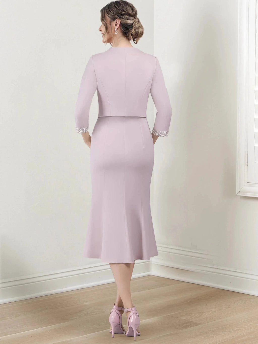 Sheath/Column V-Neck Tea-Length Mother of the Bride Dresses by Dreamylily