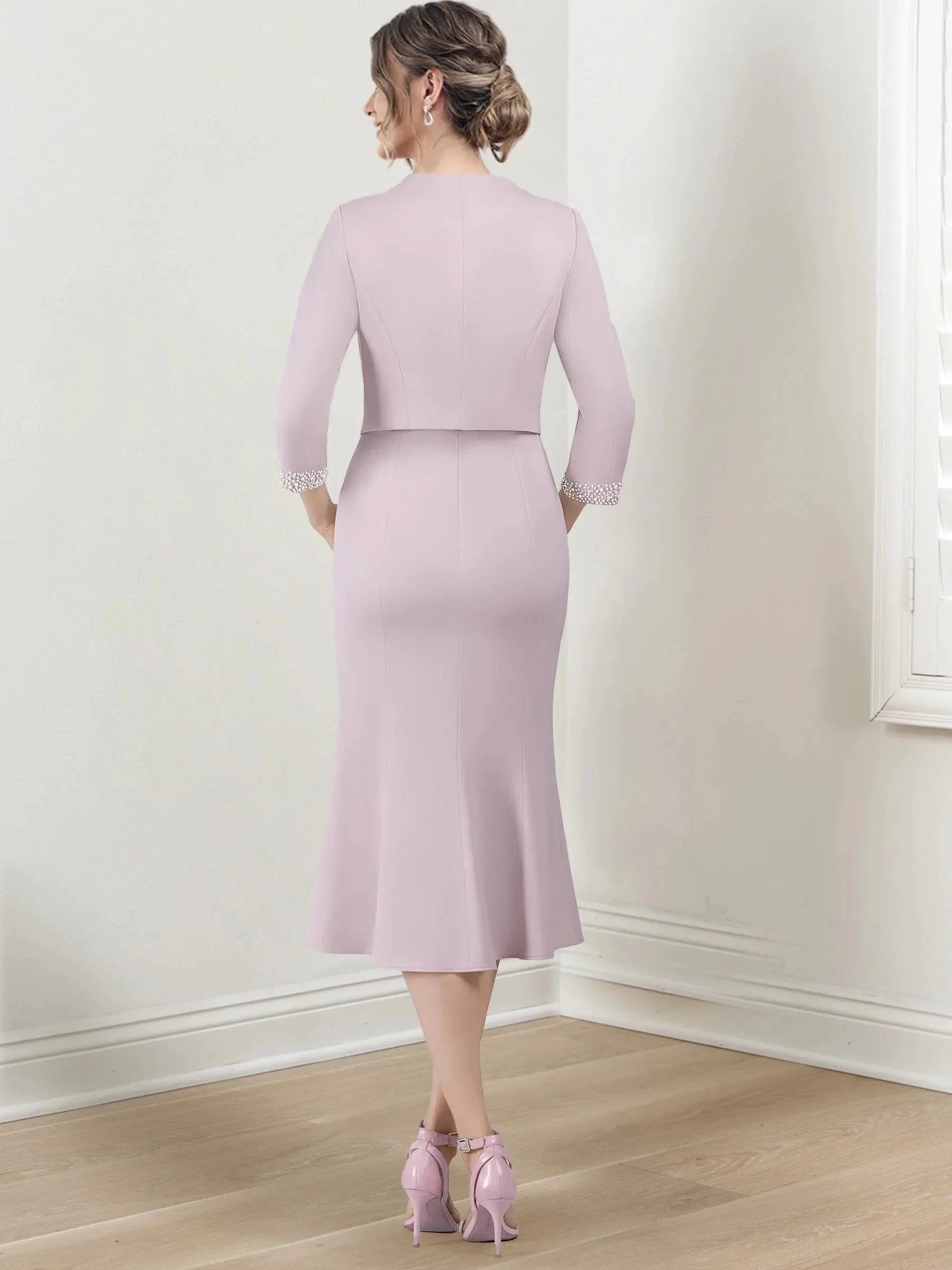 Sheath/Column V-Neck Tea-Length Mother of the Bride Dresses by Dreamylily