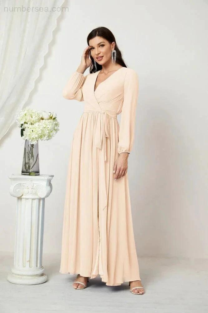 Sunnderly Evening Dresses Deep V-Neck Chiffon Bridesmaid Dresses Long Bishop Sleeve Side Split Formal Dress SY2806 by numbersea