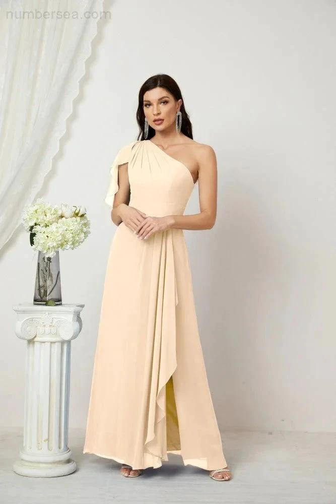 Numbersea Chiffon Ruffled One Shoulder Long Bridesmaid Dresses A-line Formal Evening Gown Side Split 2809 by numbersea