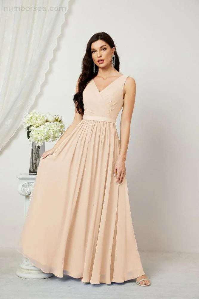 Vestidos longos de chiffon para damas de honor, corte em A, sem mangas, vestido formal de baile para festa à noite, vestidos para baile de boas-vindas 2808