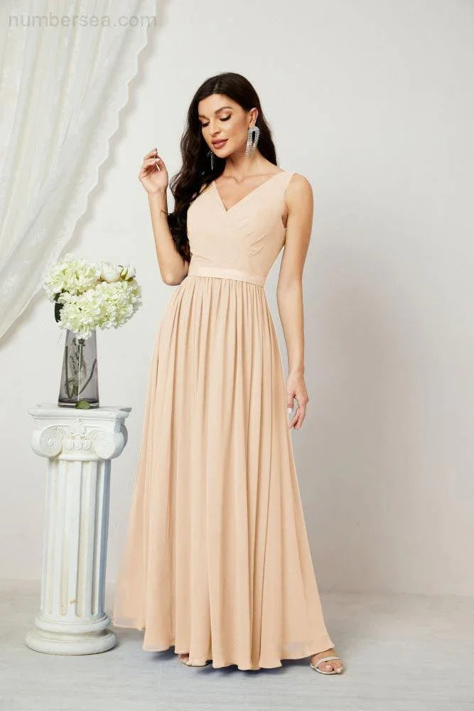 Vestidos longos de chiffon para damas de honor, corte em A, sem mangas, vestido formal de baile para festa à noite, vestidos para baile de boas-vindas 2808
