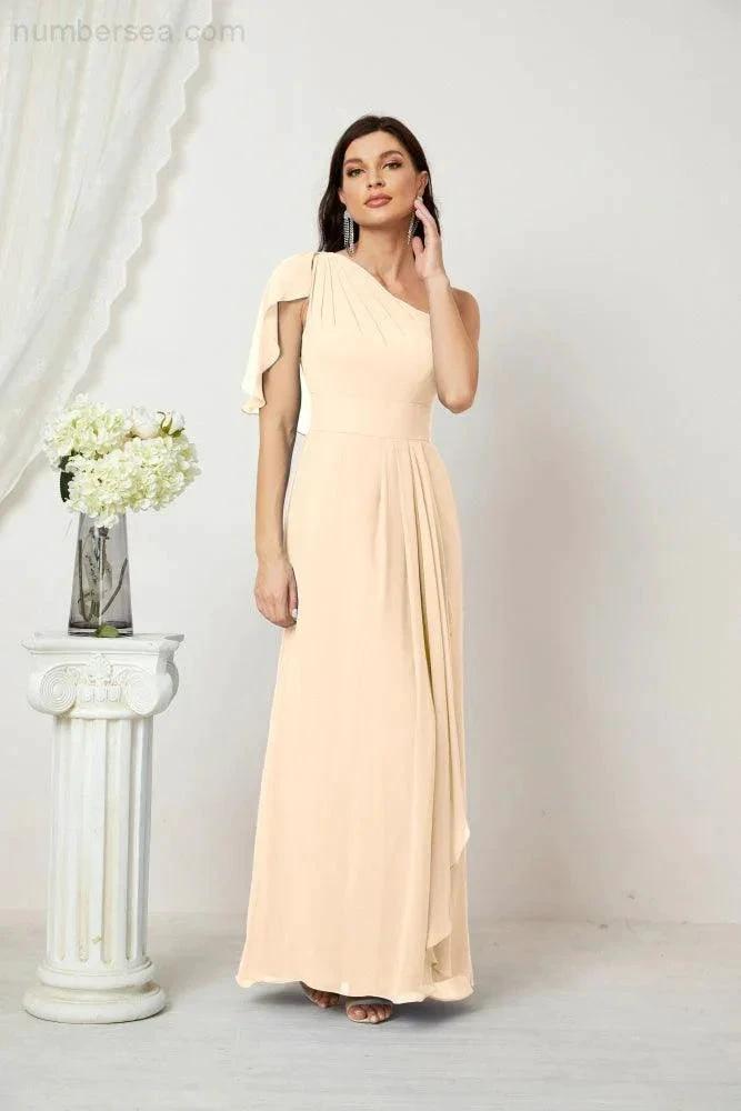 Numbersea Chiffon Ruffled One Shoulder Long Bridesmaid Dresses A-line Formal Evening Gown Side Split 2809 by numbersea