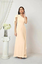 Numbersea Chiffon Ruffled One Shoulder Long Bridesmaid Dresses A-line Formal Evening Gown Side Split 2809 by numbersea