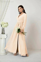 Sunnderly Evening Dresses Deep V-Neck Chiffon Bridesmaid Dresses Long Bishop Sleeve Side Split Formal Dress SY2806 by numbersea